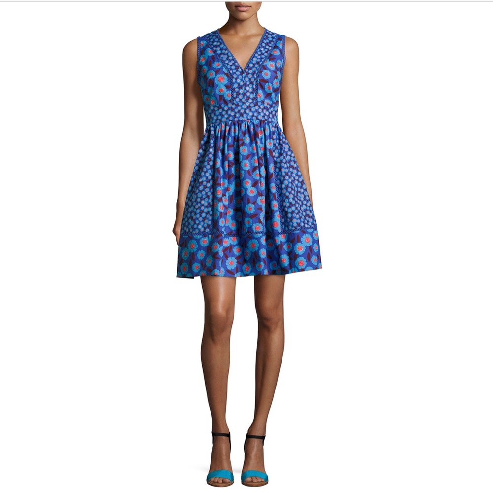 kate spade Blue Floral V-Neck Sleeveless Fit-and-Flare Dress